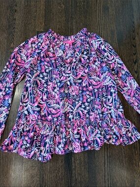 Lily Pulitzer Navy Pink Floral Ruffle Hem Blouse